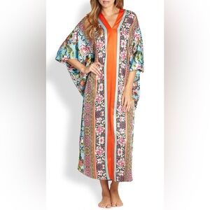 Natori Floral Geometric Design Satin Kimono Kaftan Mumu Maxi Robe Coverup OS